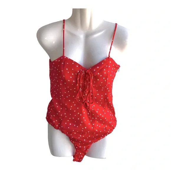 ZARA women bodysuit top Stretch red white Stars Print Size M. - Picture 1 of 15